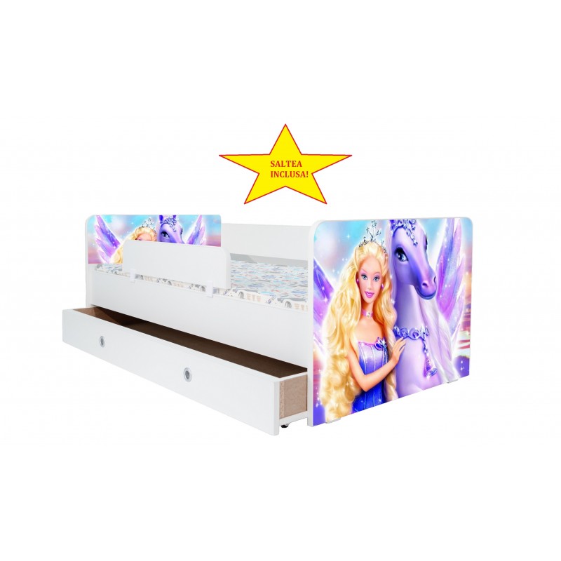 Pat Kiddy, imprimat cu Barbie, pentru 2-6 ani, cu protectie si saltea, 130x60 cm