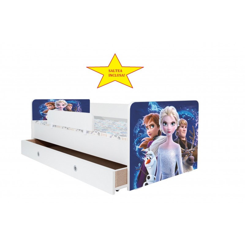 Pat Kiddy, imprimat cu Elsa, cu protectie si saltea, 160x80 cm
