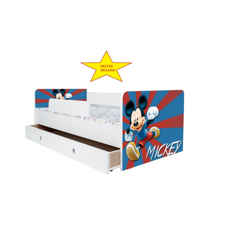 Pat Kiddy, imprimat cu Mickey Mouse, pentru 2-12 ani, cu protectie si saltea, 160x80 cm