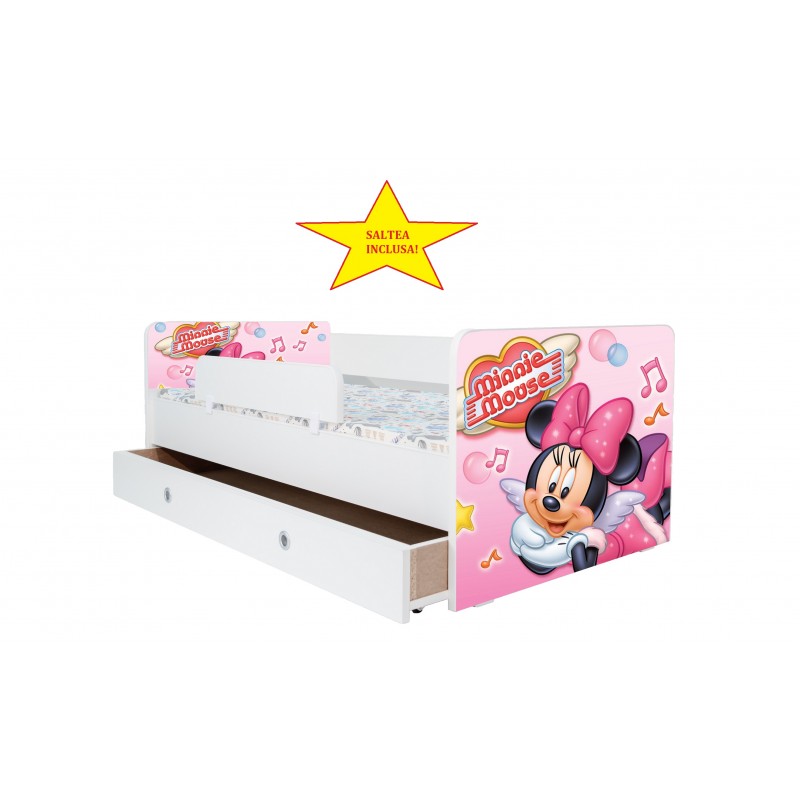 Pat Kiddy, imprimat Minnie Mouse, pentru 2-12 ani, cu protectie si saltea, 160x80 cm