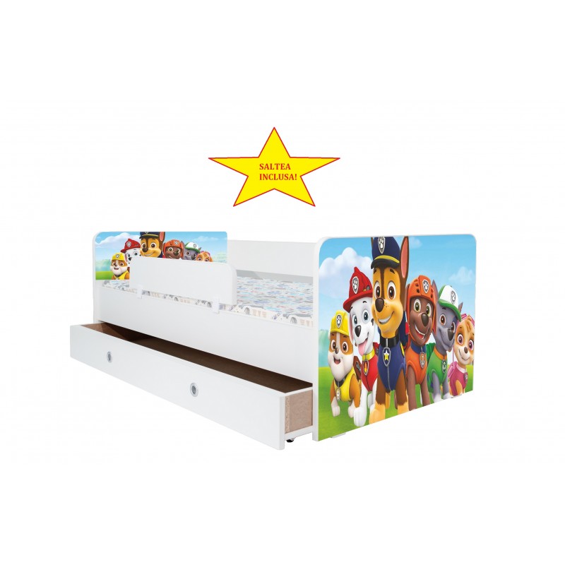Pat Kiddy, imprimat cu Paw Patrol, cu protectie si saltea, 160x80 cm