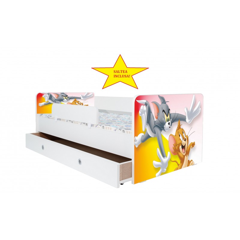 Pat Kiddy, cu imprimeu Tom si Jerry, cu protectie si saltea, 160x80 cm
