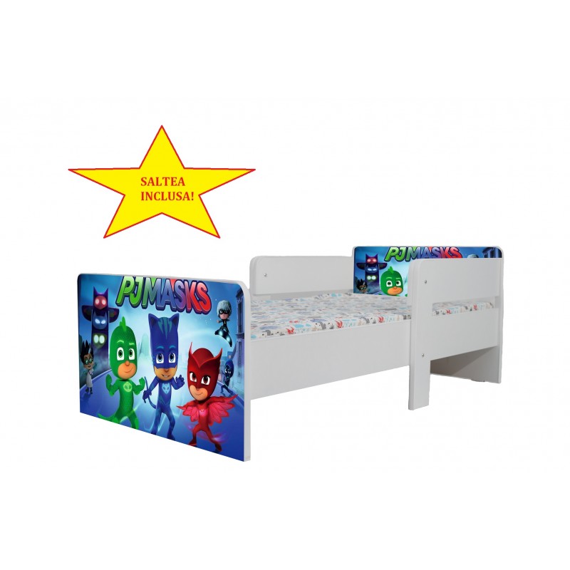 Pat Star imprimat cu Eroii in pijamale blue, cu protectie si saltea, 140x70 cm