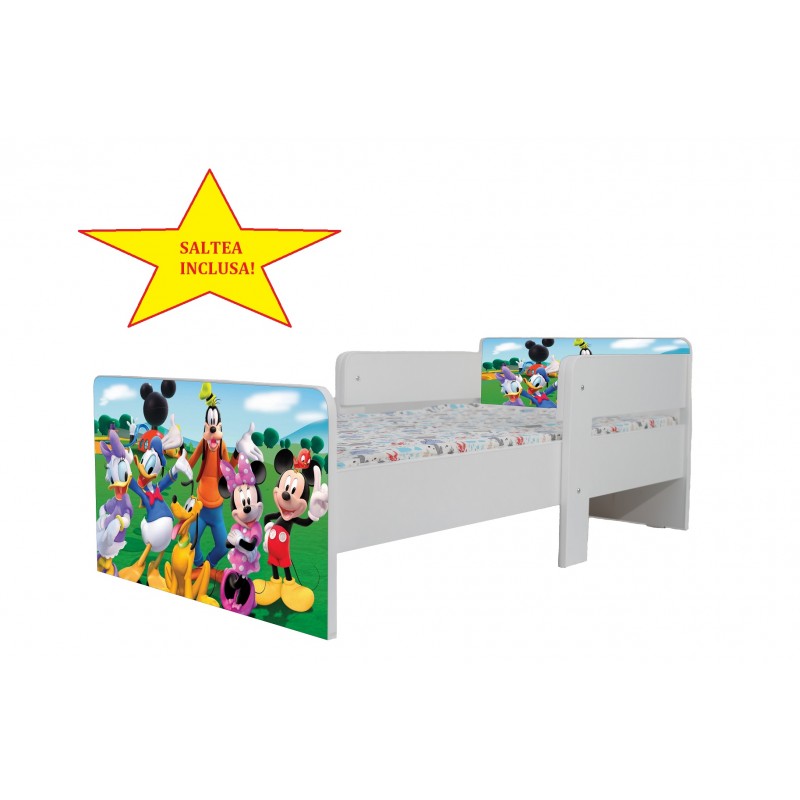 Pat Star imprimat cu Mickey si Prietenii, cu protectie si saltea, 160x80cm