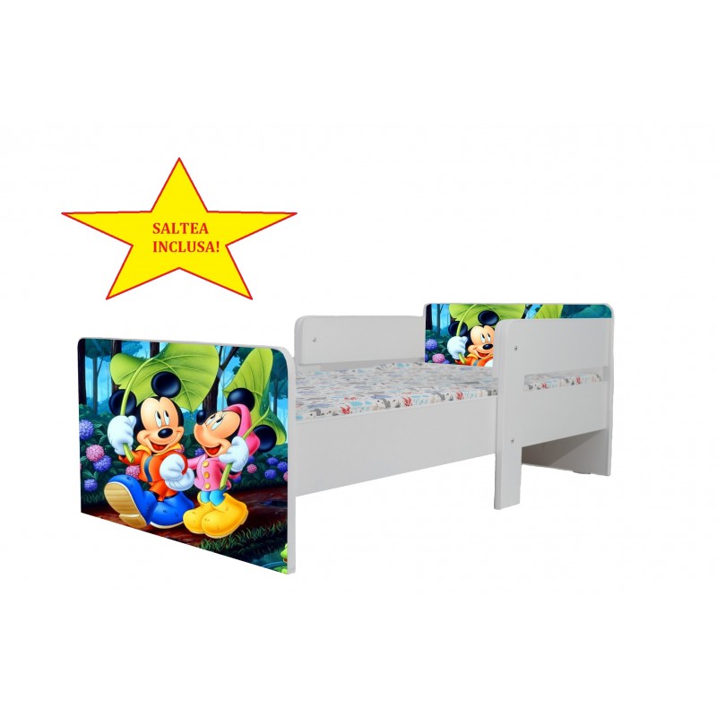 Pat Star imprimat cu Mickey si Minnie, cu protectie si saltea, 140x70 cm