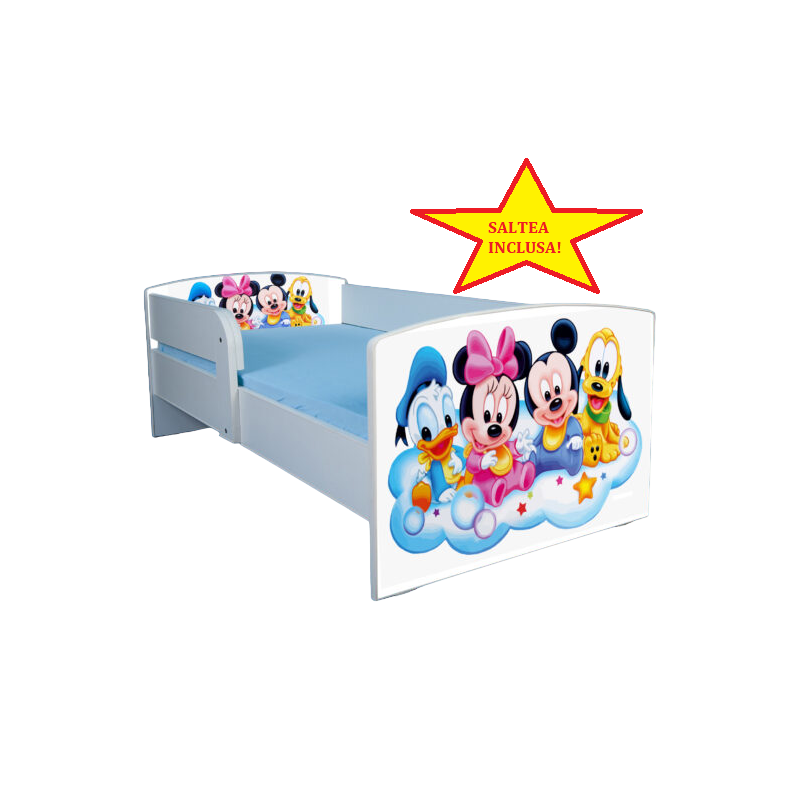 Pat tineret Mickey si prietenii, cu protectie, 130x60 cm
