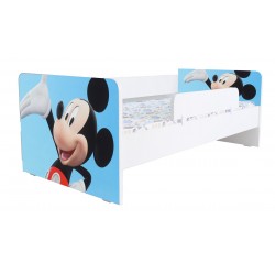 Pat Kiddy, imprimat cu model Mickey Mouse Blue, pentru 2-6 ani, cu protectie si saltea, 130x60 cm