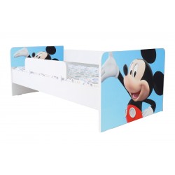 Pat Kiddy, imprimat cu model Mickey Mouse Blue, pentru 2-6 ani, cu protectie si saltea, 130x60 cm